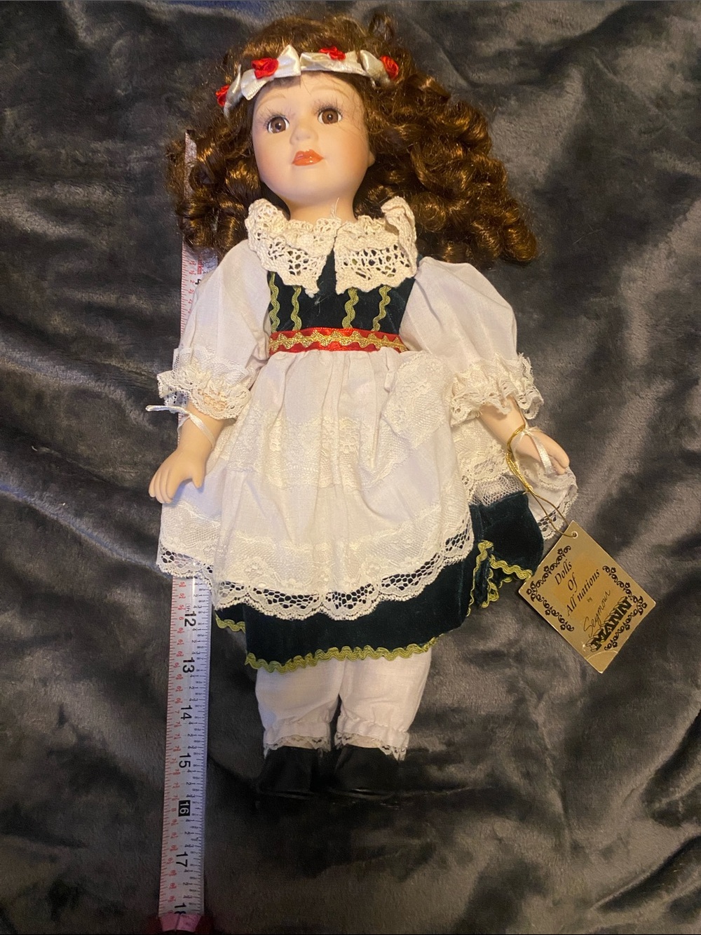 Miss Spain Porcelain Doll in White & Dark Green Traditional Dress music box